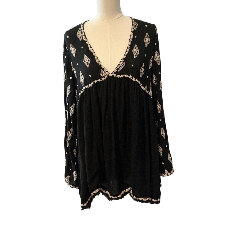 Free People Embroidered Babydoll Tunic Womens Black V-Neck Boho